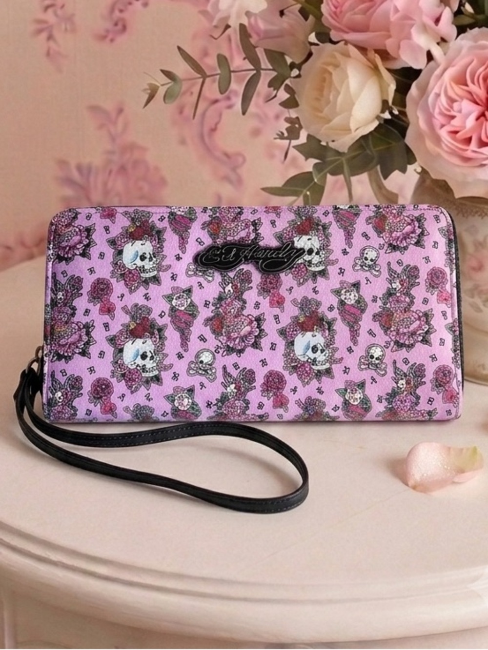 Ed Hardy Pink Floral Skull Wristlet Clutch